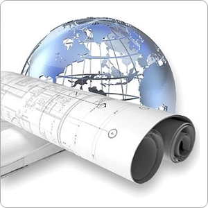 Globe with blueprints